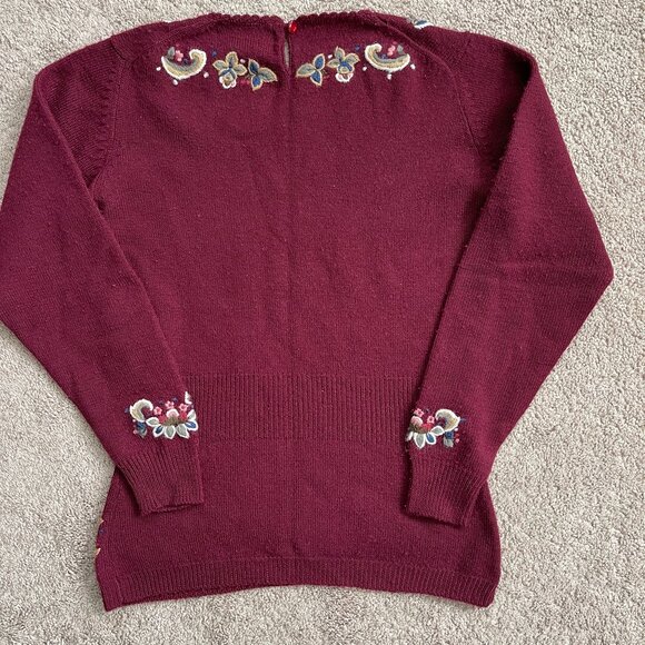 Vintage 90’s Herman Geist Wool Sweater Hand Embroidered Floral Women’s Small - Picture 3 of 9